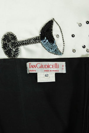 1980's Tan Giudicelli Black & White Novelty 'Champagne Glasses' Strapless Gown