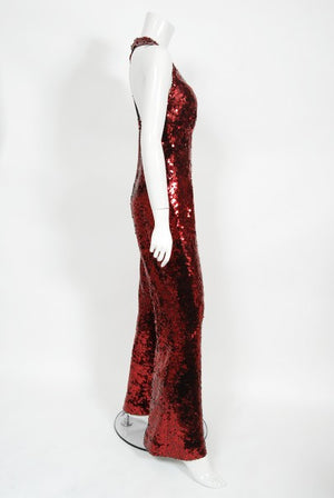 1970's Liza Minnelli Owned Red Sequin Stretch Knit Key-Hole Disco Jumpsuit