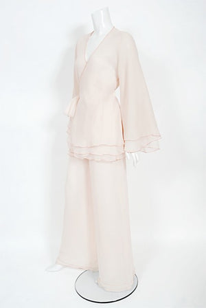 1970's Stephen Burrows Pale-Pink Layered Chiffon Wrap Blouse Pantsuit