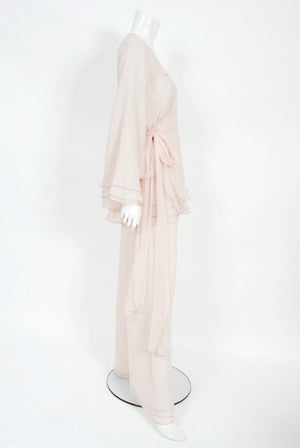 1970's Stephen Burrows Pale-Pink Layered Chiffon Wrap Blouse Pantsuit