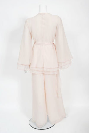1970's Stephen Burrows Pale-Pink Layered Chiffon Wrap Blouse Pantsuit