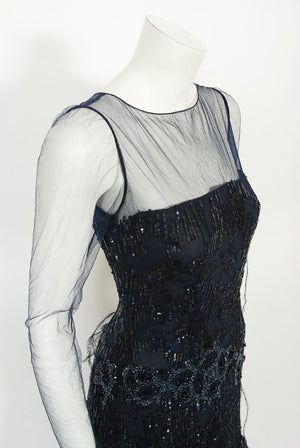 2005 Oscar de la Renta Navy Beaded Sheer-Tulle Hourglass Feather Mermaid Gown