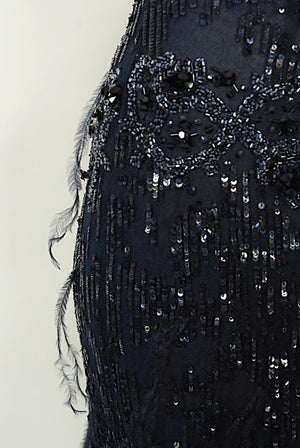 2005 Oscar de la Renta Navy Beaded Sheer-Tulle Hourglass Feather Mermaid Gown
