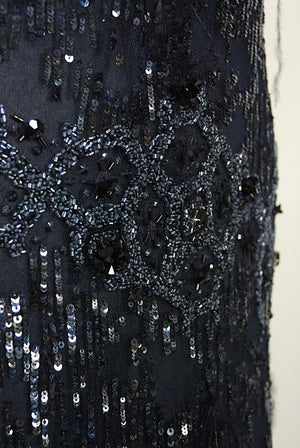 2005 Oscar de la Renta Navy Beaded Sheer-Tulle Hourglass Feather Mermaid Gown