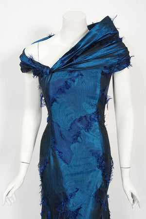 1999 Christian Dior by Galliano Sapphire Blue Eyelash Silk Bias-Cut Gown
