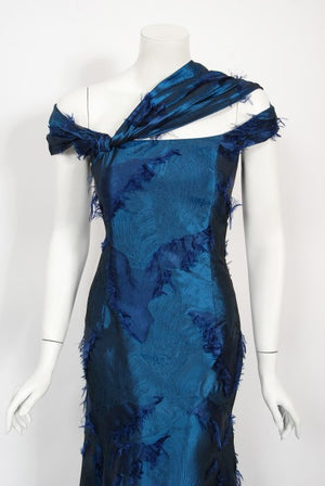 1999 Christian Dior by Galliano Sapphire Blue Eyelash Silk Bias-Cut Gown
