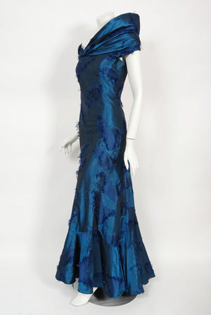 1999 Christian Dior by Galliano Sapphire Blue Eyelash Silk Bias-Cut Gown