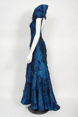 1999 Christian Dior by Galliano Sapphire Blue Eyelash Silk Bias-Cut Gown