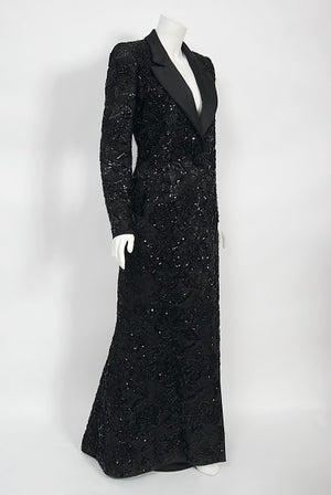 1984 Yves Saint Laurent Haute Couture Sequin Satin Maxi Tuxedo Jacket