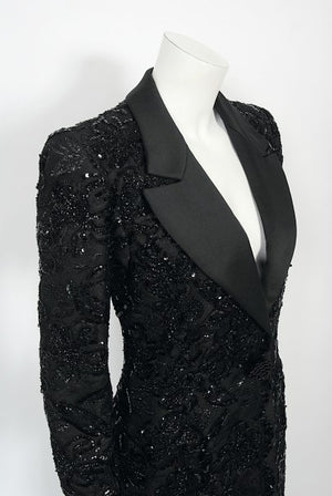 1984 Yves Saint Laurent Haute Couture Sequin Satin Maxi Tuxedo Jacket