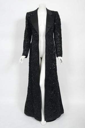 1984 Yves Saint Laurent Haute Couture Sequin Satin Maxi Tuxedo Jacket