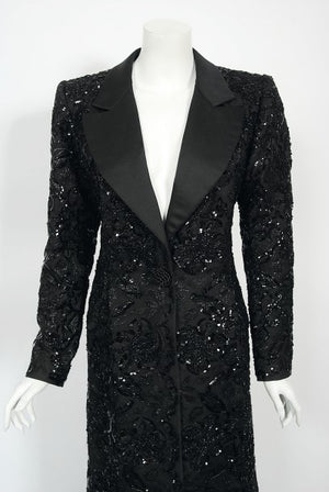 1984 Yves Saint Laurent Haute Couture Sequin Satin Maxi Tuxedo Jacket