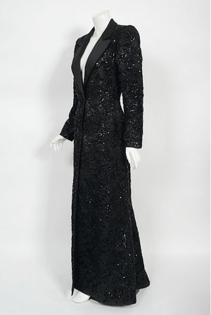 1984 Yves Saint Laurent Haute Couture Sequin Satin Maxi Tuxedo Jacket