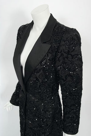 1984 Yves Saint Laurent Haute Couture Sequin Satin Maxi Tuxedo Jacket