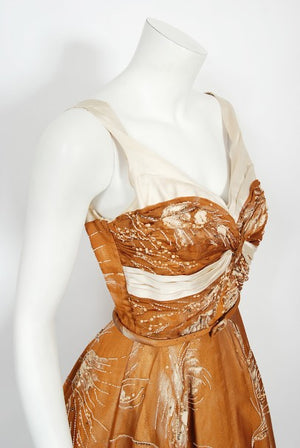 1950's Hand-Painted Floral Copper Silk & Ivory Satin Full Gown w/ Shawl