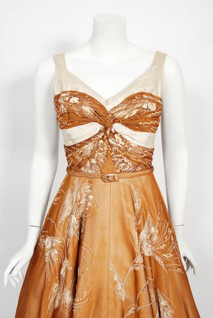 1950's Hand-Painted Floral Copper Silk & Ivory Satin Full Gown w/ Shawl