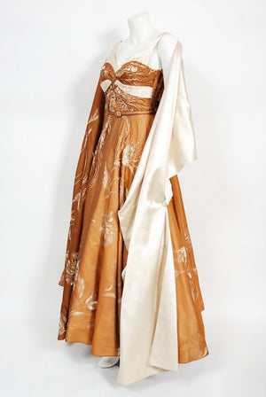 1950's Hand-Painted Floral Copper Silk & Ivory Satin Full Gown w/ Shawl