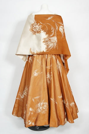 1950's Hand-Painted Floral Copper Silk & Ivory Satin Full Gown w/ Shawl