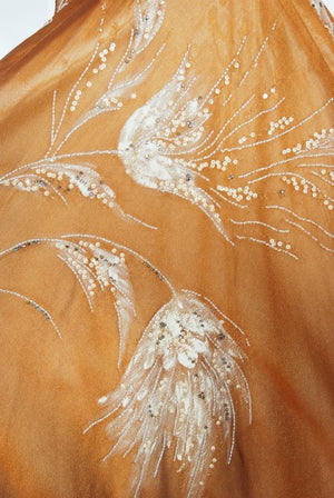 1950's Hand-Painted Floral Copper Silk & Ivory Satin Full Gown w/ Shawl