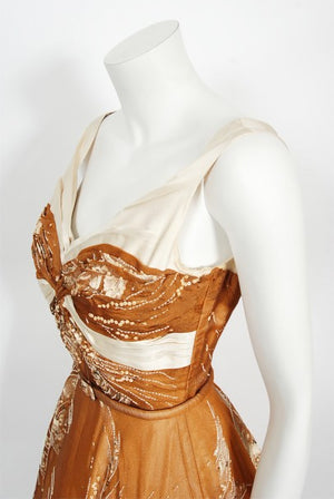 1950's Hand-Painted Floral Copper Silk & Ivory Satin Full Gown w/ Shawl