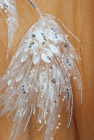 1950's Hand-Painted Floral Copper Silk & Ivory Satin Full Gown w/ Shawl