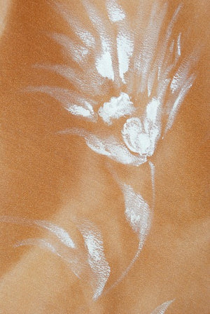 1950's Hand-Painted Floral Copper Silk & Ivory Satin Full Gown w/ Shawl