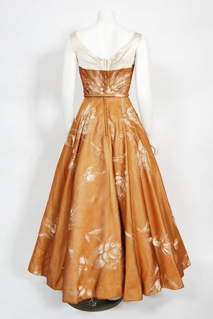1950's Hand-Painted Floral Copper Silk & Ivory Satin Full Gown w/ Shawl