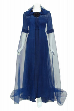 1960s Madame Grès Haute Couture Blue Beaded Sheer Silk Trained Gown