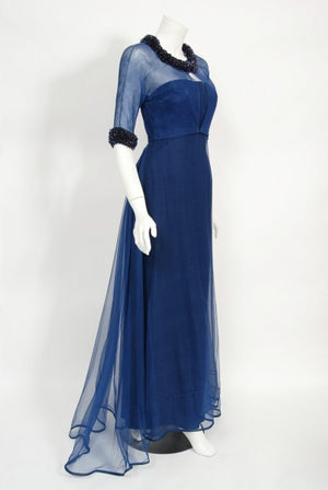 1960s Madame Grès Haute Couture Blue Beaded Sheer Silk Trained Gown