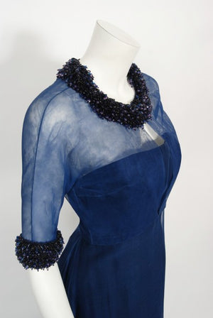 1960s Madame Grès Haute Couture Blue Beaded Sheer Silk Trained Gown