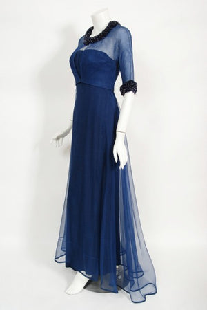 1960s Madame Grès Haute Couture Blue Beaded Sheer Silk Trained Gown