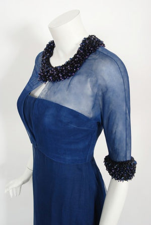 1960s Madame Grès Haute Couture Blue Beaded Sheer Silk Trained Gown