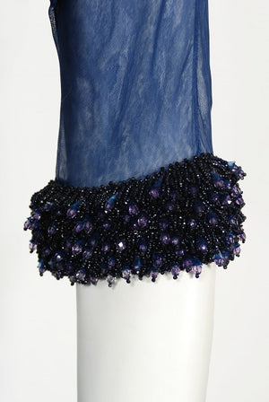 1960s Madame Grès Haute Couture Blue Beaded Sheer Silk Trained Gown