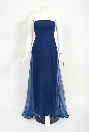 1960s Madame Grès Haute Couture Blue Beaded Sheer Silk Trained Gown