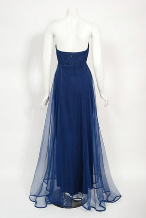 1960s Madame Grès Haute Couture Blue Beaded Sheer Silk Trained Gown