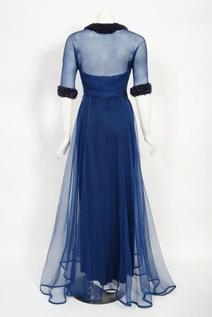 1960s Madame Grès Haute Couture Blue Beaded Sheer Silk Trained Gown