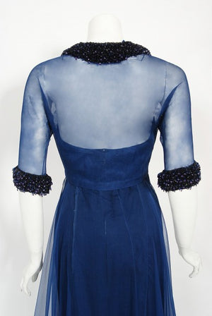 1960s Madame Grès Haute Couture Blue Beaded Sheer Silk Trained Gown