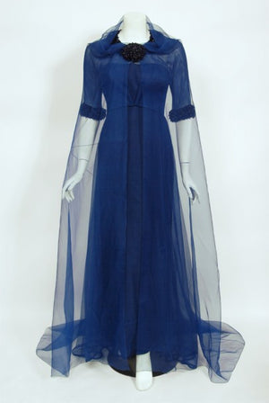 1960s Madame Grès Haute Couture Blue Beaded Sheer Silk Trained Gown