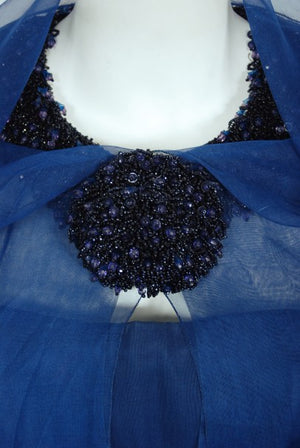 1960s Madame Grès Haute Couture Blue Beaded Sheer Silk Trained Gown