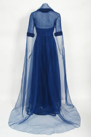 1960s Madame Grès Haute Couture Blue Beaded Sheer Silk Trained Gown