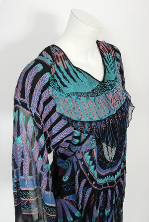 1970 Zandra Rhodes Hand-Painted 'Indian Feathers' Sheer Silk Dress Set