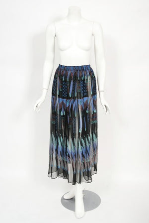 1970 Zandra Rhodes Hand-Painted 'Indian Feathers' Sheer Silk Dress Set