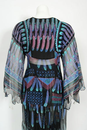 1970 Zandra Rhodes Hand-Painted 'Indian Feathers' Sheer Silk Dress Set