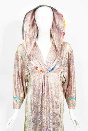 1970s Koos Van Den Akker Couture Metallic Lace & Colorful Cotton Hooded Dress