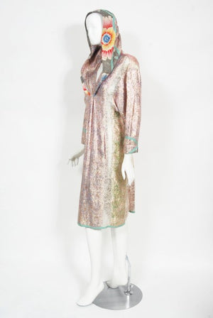 1970s Koos Van Den Akker Couture Metallic Lace & Colorful Cotton Hooded Dress