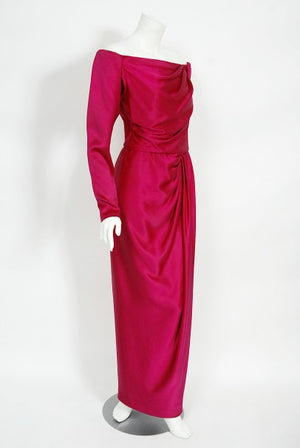 1989 Yves Saint Laurent Haute Couture Magenta Pink Silk Off-Shoulder Draped Gown