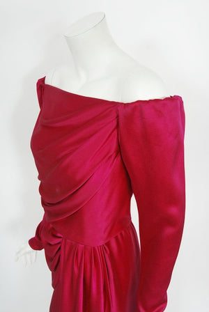 1989 Yves Saint Laurent Haute Couture Magenta Pink Silk Off-Shoulder Draped Gown