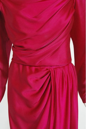 1989 Yves Saint Laurent Haute Couture Magenta Pink Silk Off-Shoulder Draped Gown