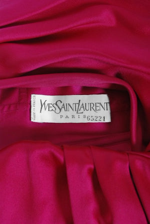 1989 Yves Saint Laurent Haute Couture Magenta Pink Silk Off-Shoulder Draped Gown