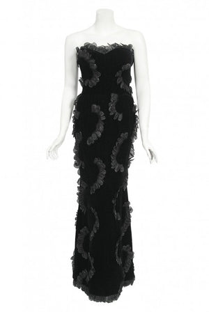 1984 Givenchy Haute Couture Silk Petal Applique Velvet Hourglass Gown